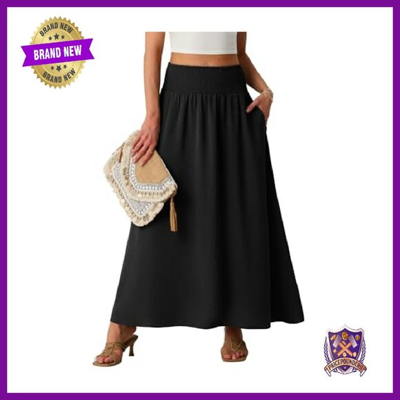 Maxi Skirt Smocked Elastic High Waist Boho Swing Pleated Long with Pockets - Picture 2 of 8